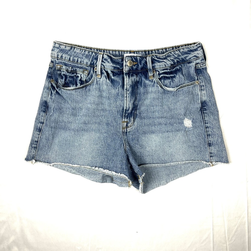 Good American Womens 10/30 Light Wash Distressed Denim Shorts High Rise Cut Off